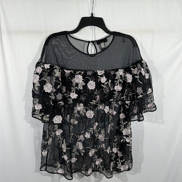 NEW $120 Alfani [ 2X ] Embroidered‎ Ruffle Illusion Top in Black Purple - Picture 10 of 12